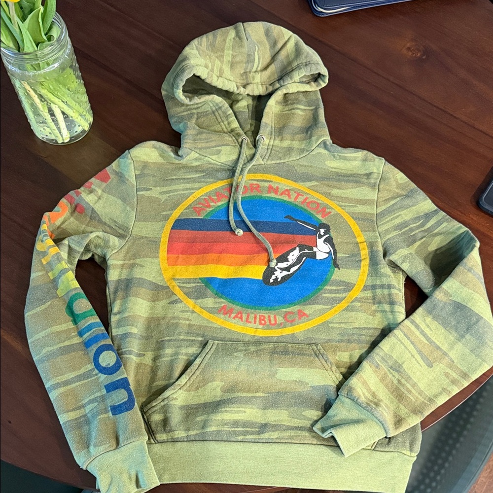 Aviator Nation Green Camo Hoodie with Rainbow Logo XS
